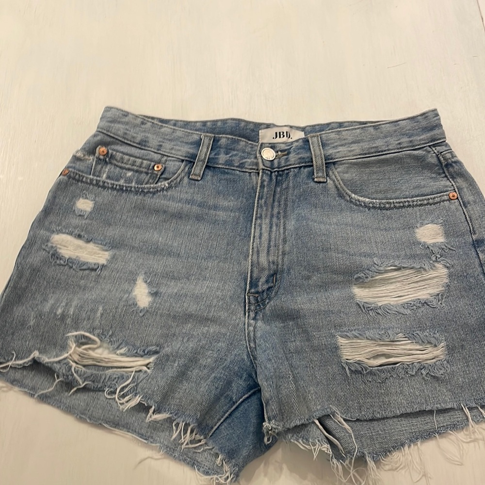 JBD, Hugh Waisted Distressed Medium Wash Denim Shorts, Size L